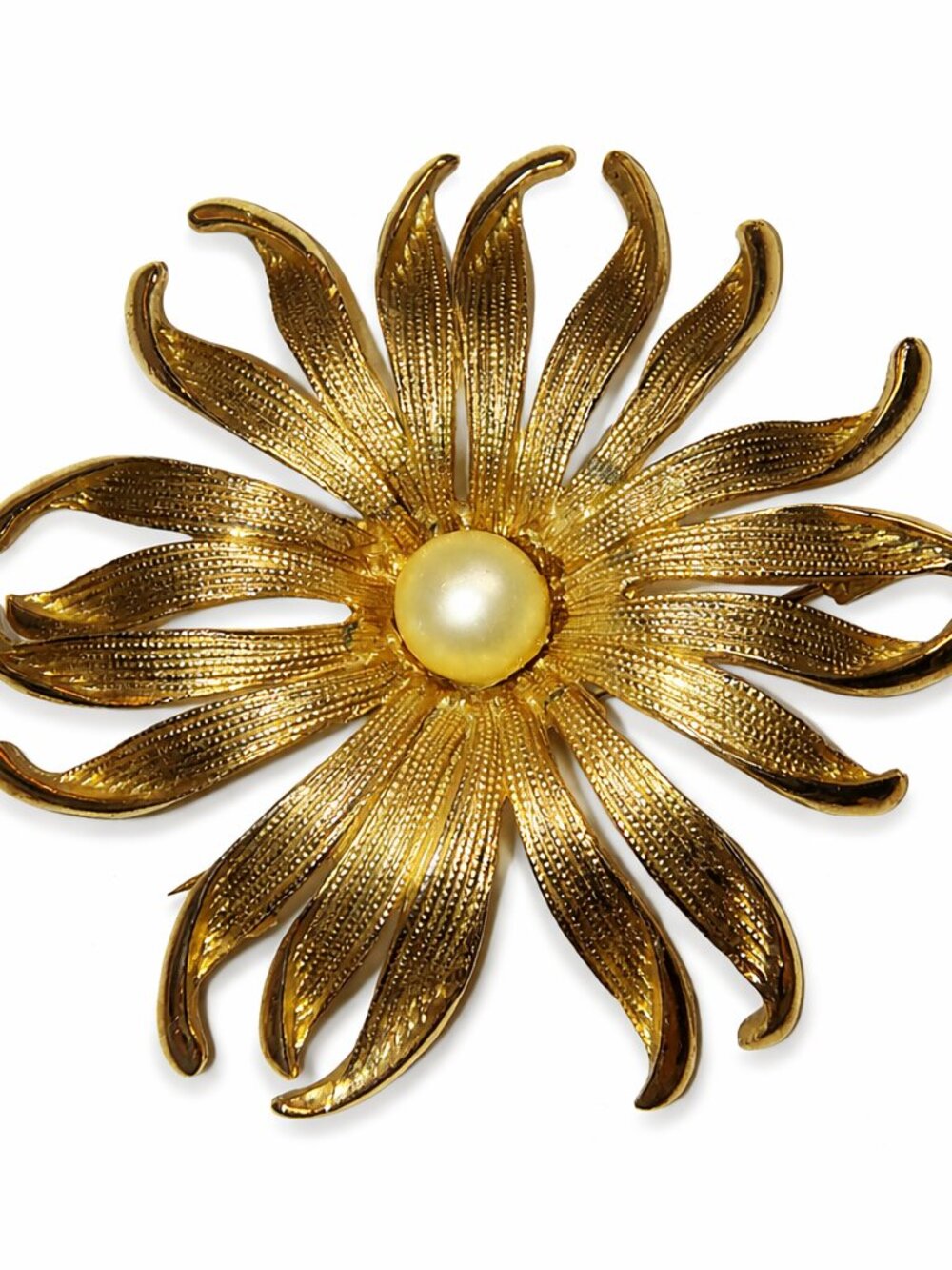 Vintage Gold Tone Sunburst Flower Brooch Faux Pearl Center 2.5” Statement Pin